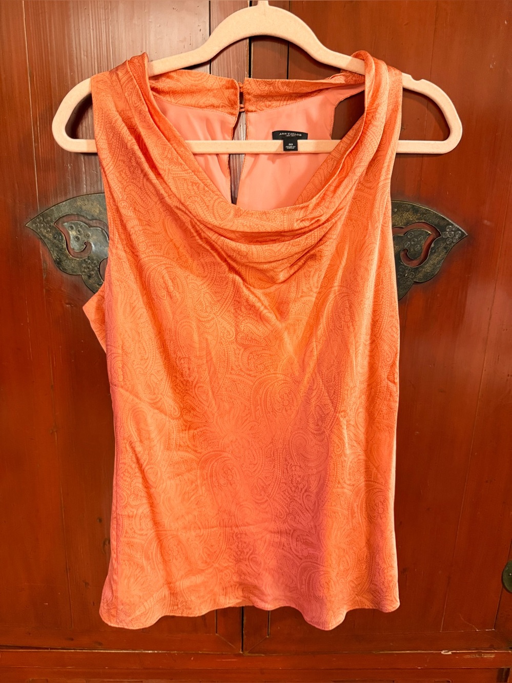 Ann Taylor Dressy Blouse Silk Paisley Coral Draped Cowl Neck Sleeveless